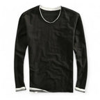 Men's Long Sleeve V-Neck Top with Contrast Layered Trim at Neckline and Cuffs