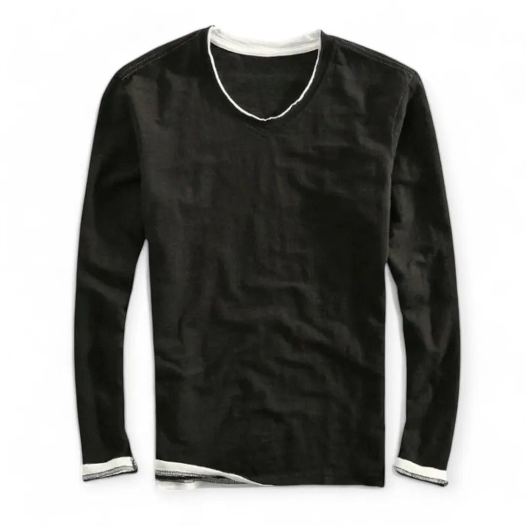 Men's Long Sleeve V-Neck Top with Contrast Layered Trim at Neckline and Cuffs