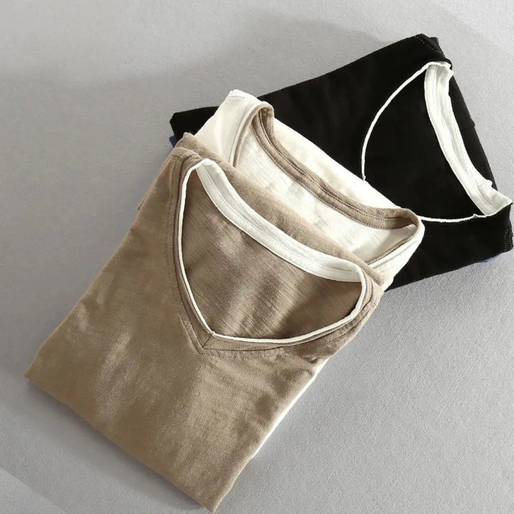 Men's Long Sleeve V-Neck Top with Contrast Layered Trim at Neckline and Cuffs