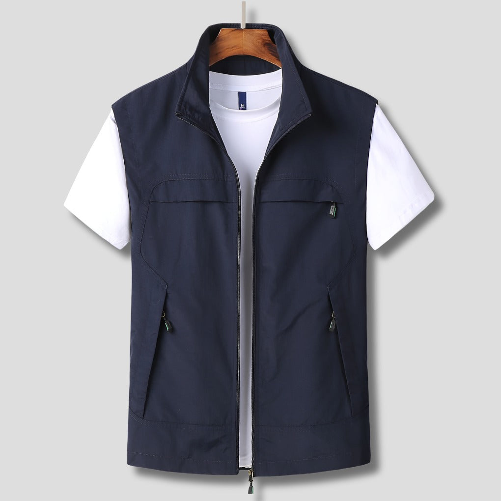 Men's Outdoor Cargo Vest Jacket with Stand Collar