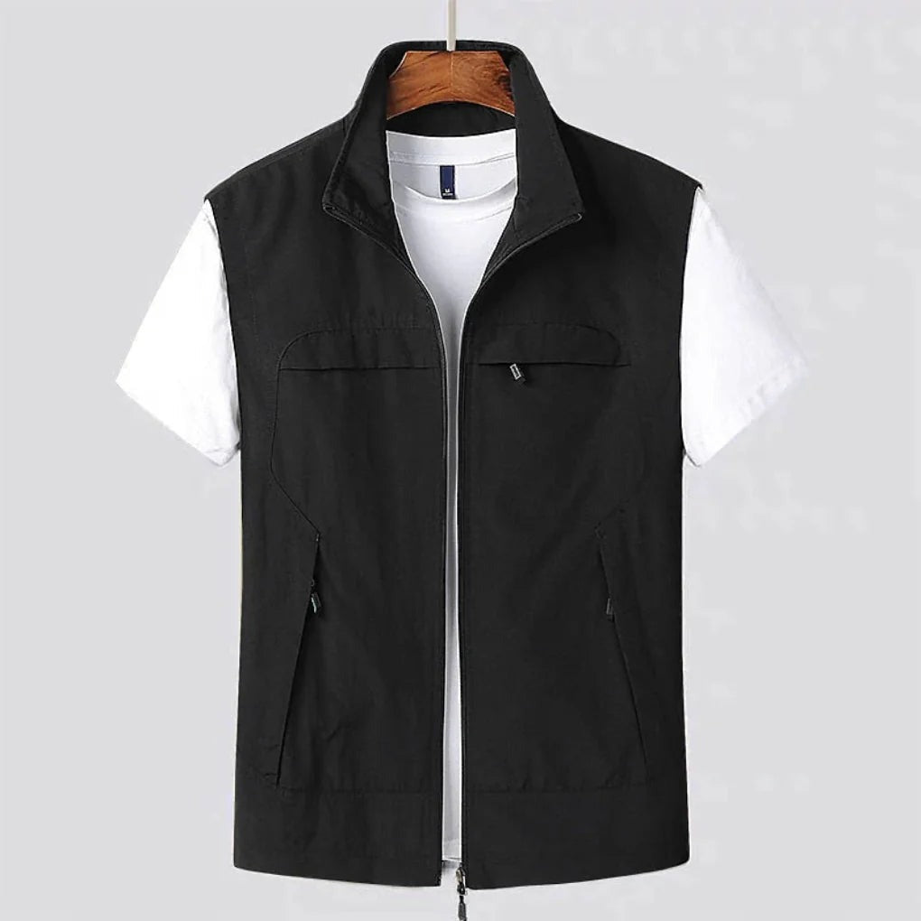 Men's Outdoor Cargo Vest Jacket with Stand Collar