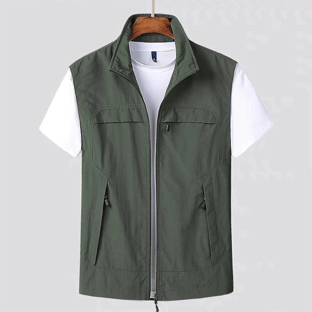 Men's Outdoor Cargo Vest Jacket with Stand Collar
