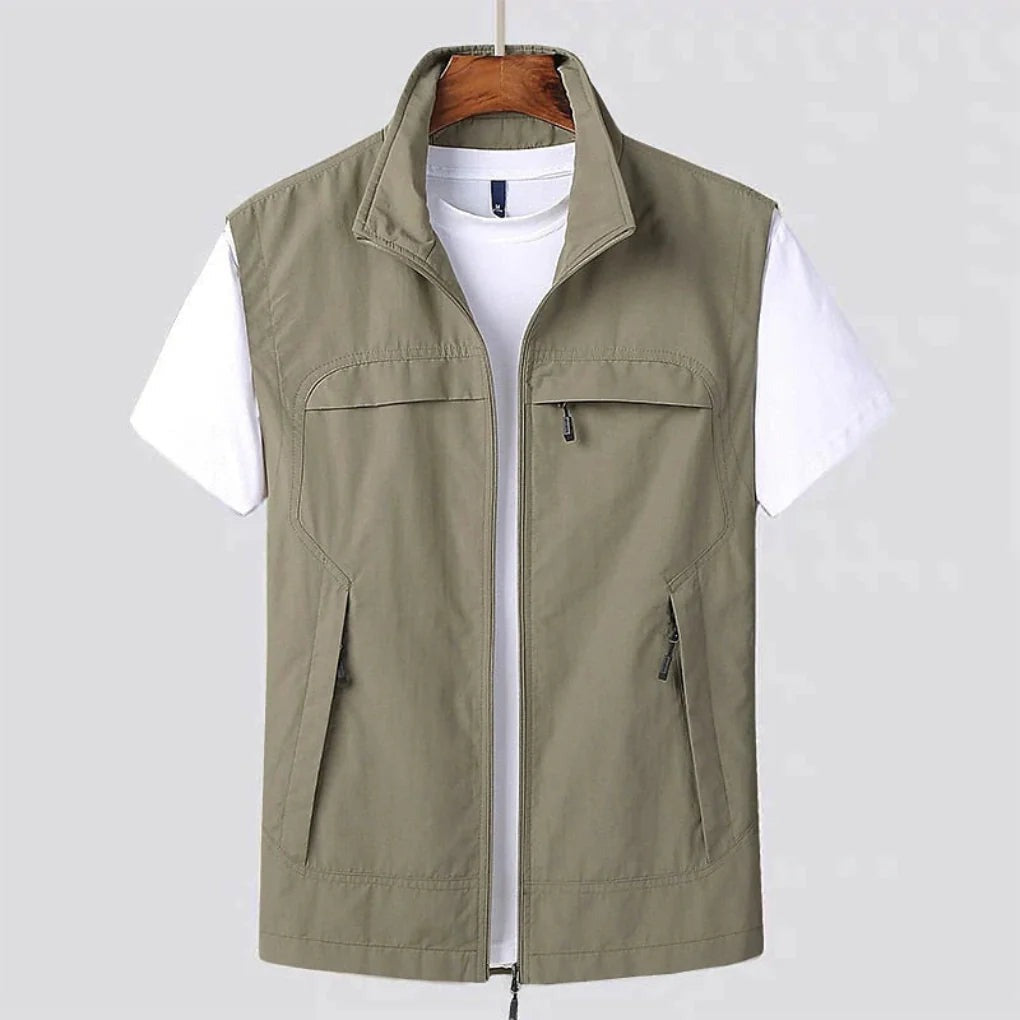 Men's Outdoor Cargo Vest Jacket with Stand Collar