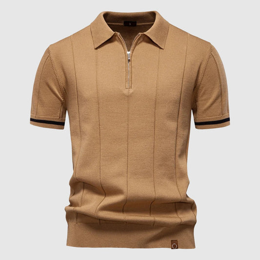 Men's Short Sleeve Polo Shirt with Quarter Zip Collar and Vertical Panel Seams and Contrast Stripe Cuffs