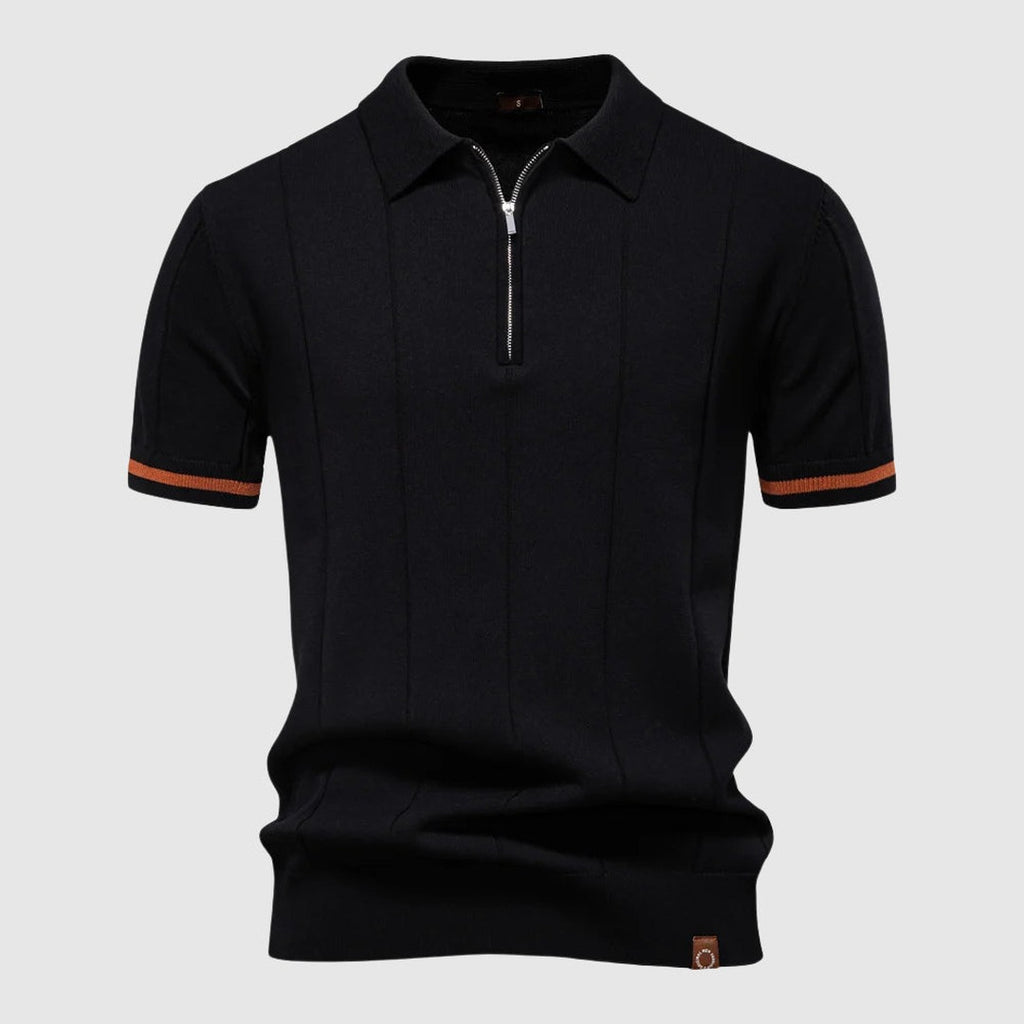 Men's Short Sleeve Polo Shirt with Quarter Zip Collar and Vertical Panel Seams and Contrast Stripe Cuffs