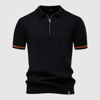 Men's Short Sleeve Polo Shirt with Quarter Zip Collar and Vertical Panel Seams and Contrast Stripe Cuffs