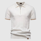 Men's Short Sleeve Polo Shirt with Quarter Zip Collar and Vertical Panel Seams and Contrast Stripe Cuffs