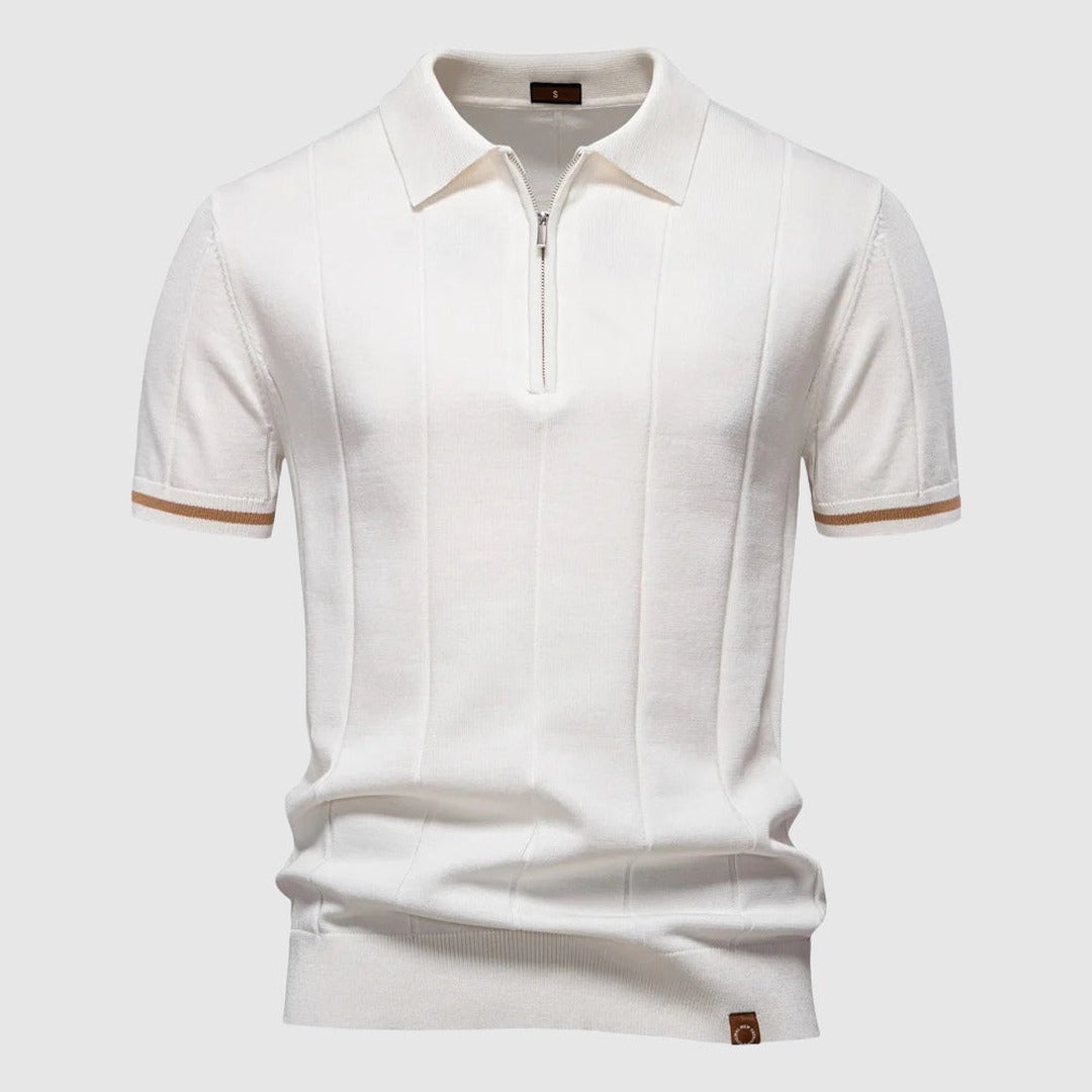 Men's Short Sleeve Polo Shirt with Quarter Zip Collar and Vertical Panel Seams and Contrast Stripe Cuffs