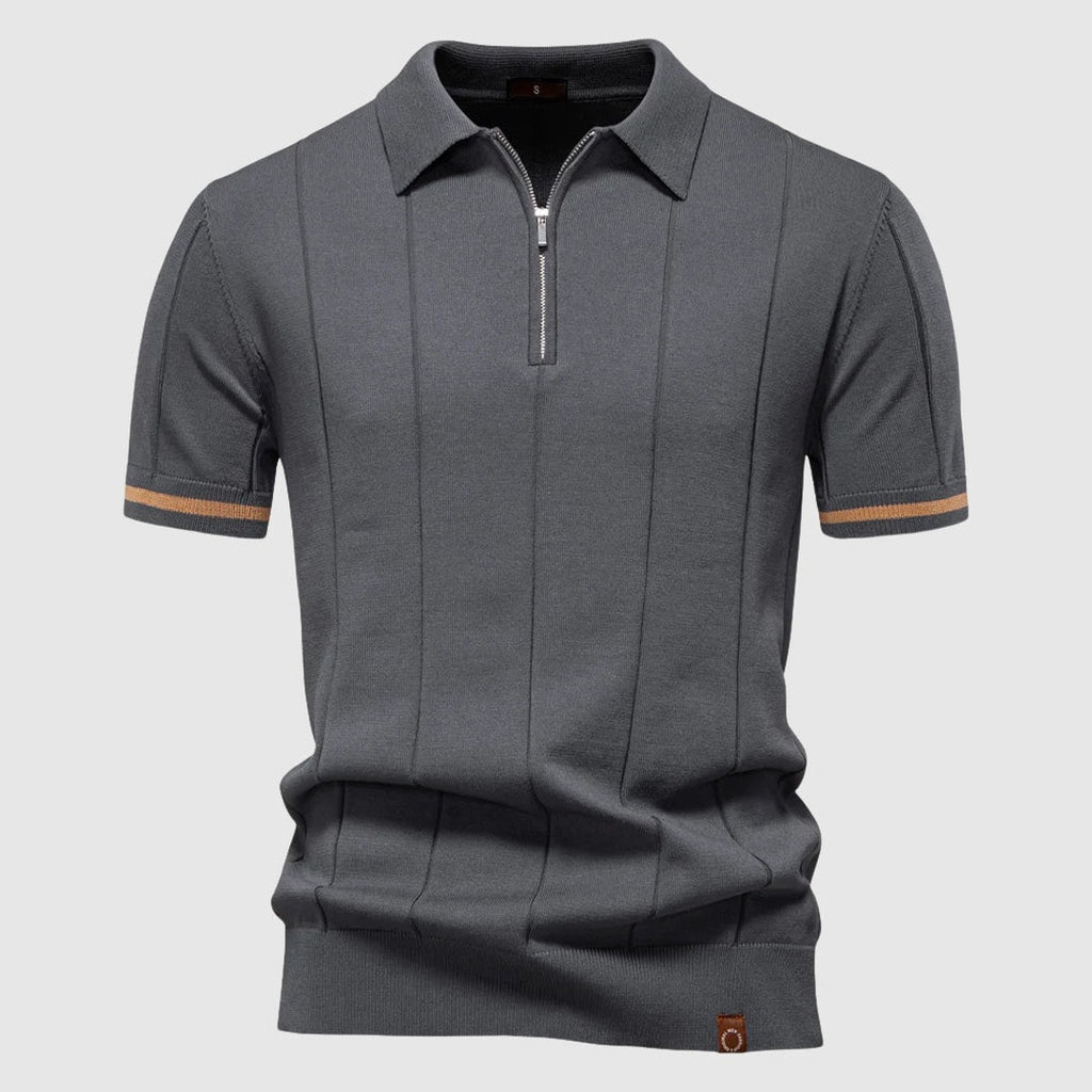 Men's Short Sleeve Polo Shirt with Quarter Zip Collar and Vertical Panel Seams and Contrast Stripe Cuffs
