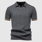Men's Short Sleeve Polo Shirt with Quarter Zip Collar and Vertical Panel Seams and Contrast Stripe Cuffs