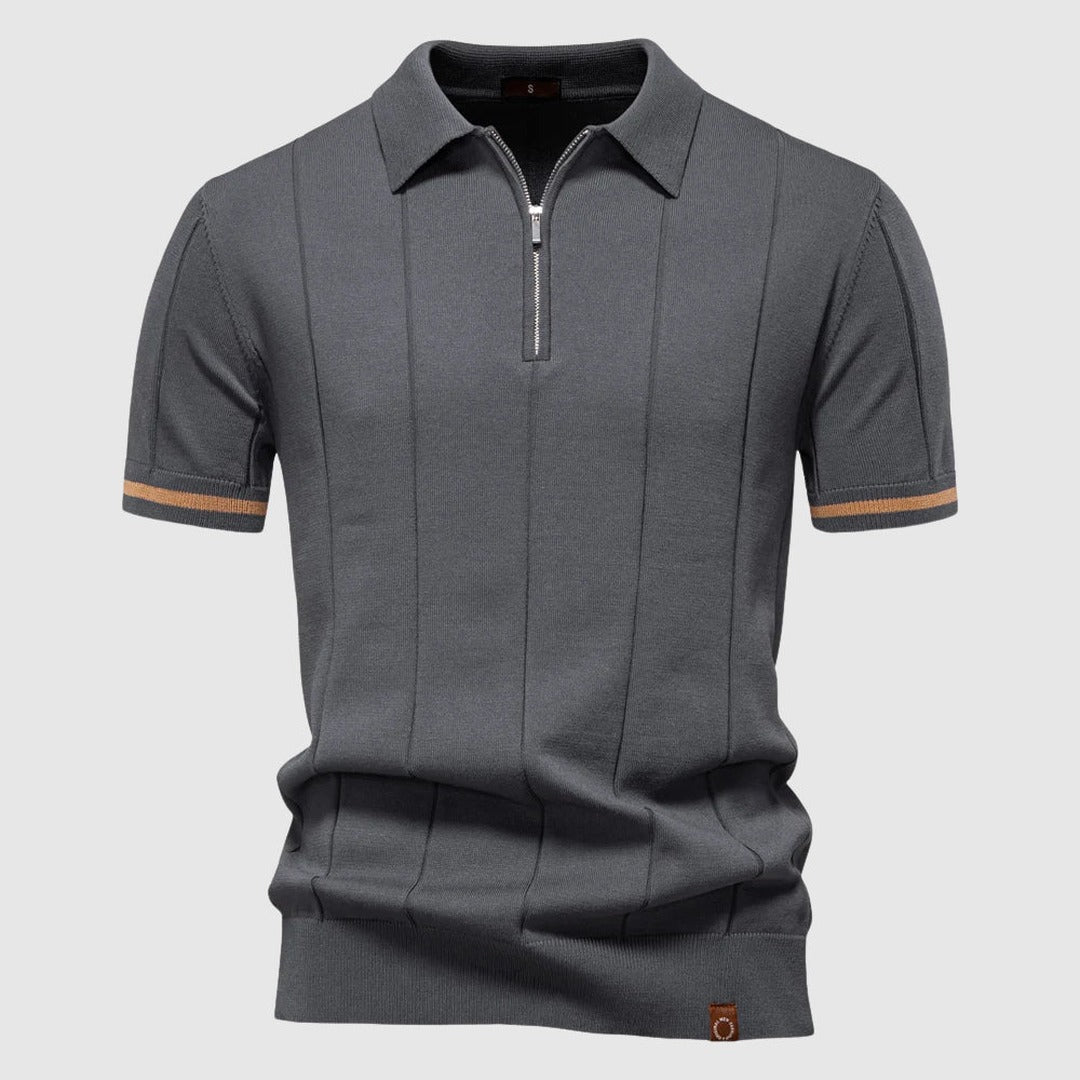 Men's Short Sleeve Polo Shirt with Quarter Zip Collar and Vertical Panel Seams and Contrast Stripe Cuffs