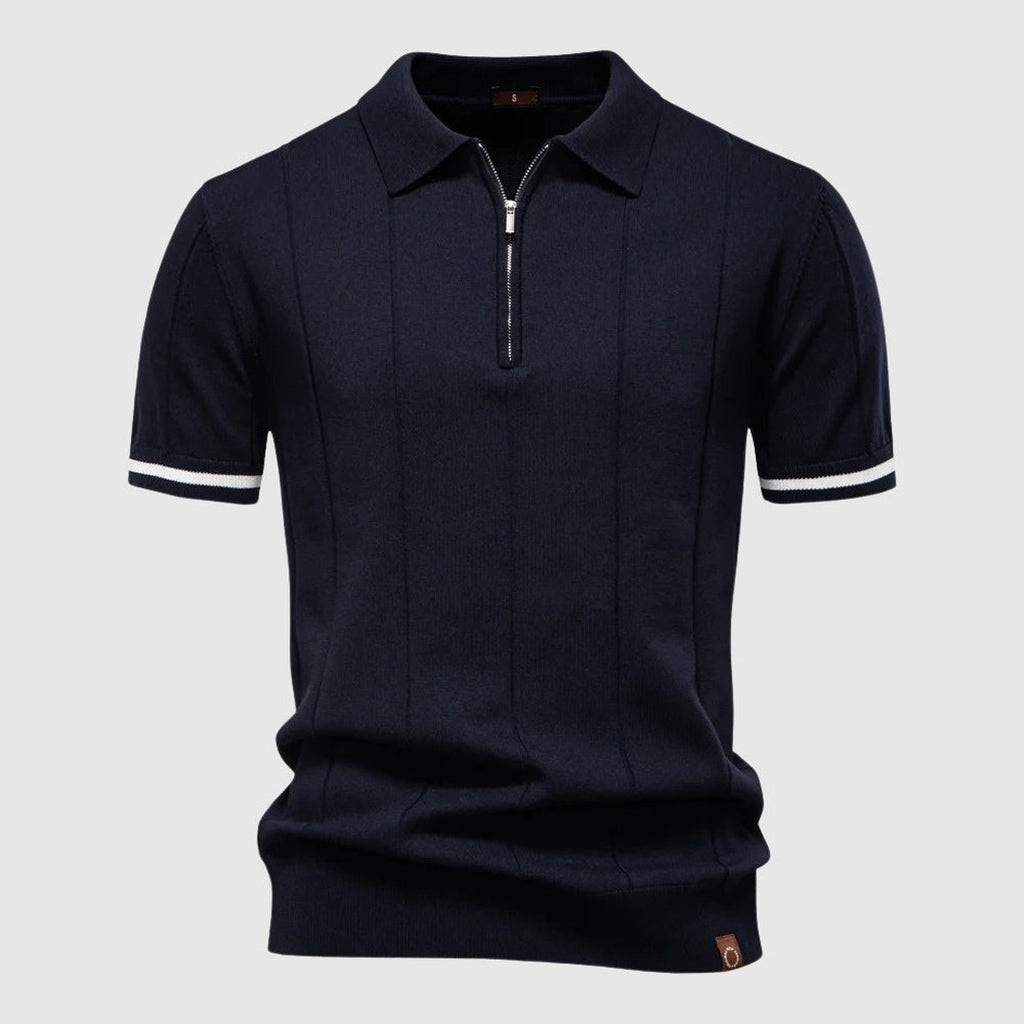 Men's Short Sleeve Polo Shirt with Quarter Zip Collar and Vertical Panel Seams and Contrast Stripe Cuffs