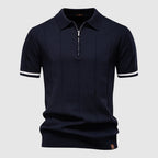 Men's Short Sleeve Polo Shirt with Quarter Zip Collar and Vertical Panel Seams and Contrast Stripe Cuffs