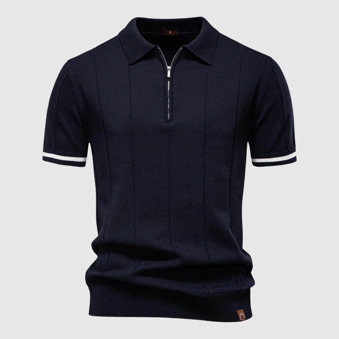 Men's Short Sleeve Polo Shirt with Quarter Zip Collar and Vertical Panel Seams and Contrast Stripe Cuffs