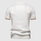 Men's Short Sleeve Polo Shirt with Quarter Zip Collar and Vertical Panel Seams and Contrast Stripe Cuffs
