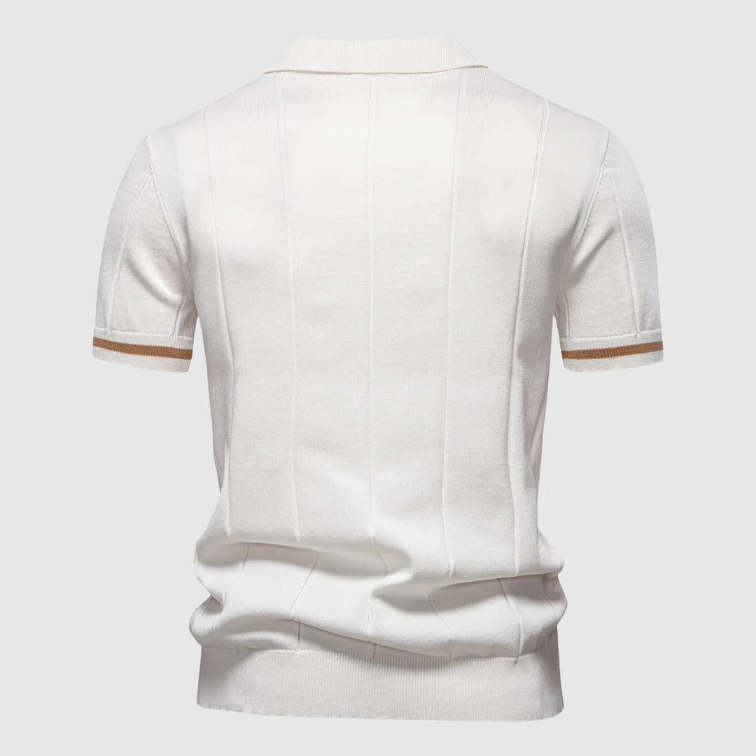 Men's Short Sleeve Polo Shirt with Quarter Zip Collar and Vertical Panel Seams and Contrast Stripe Cuffs