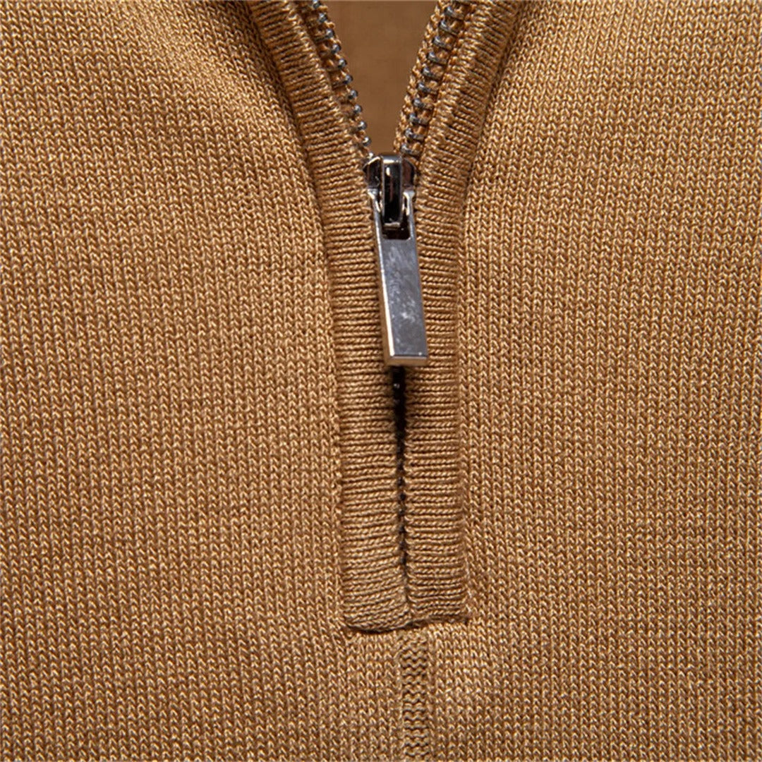 Men's Short Sleeve Polo Shirt with Quarter Zip Collar and Vertical Panel Seams and Contrast Stripe Cuffs