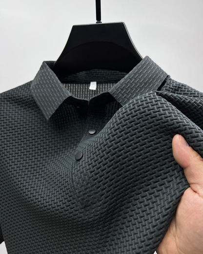 Men's Short Sleeve Polo Shirt with Textured Weave Pattern and Snap Button Placket