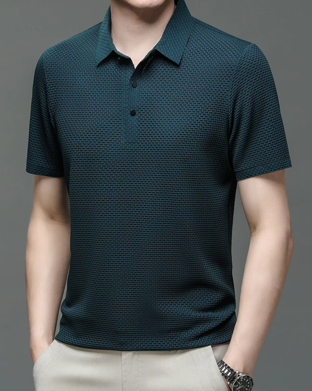 Men's Short Sleeve Polo Shirt with Textured Weave Pattern and Snap Button Placket
