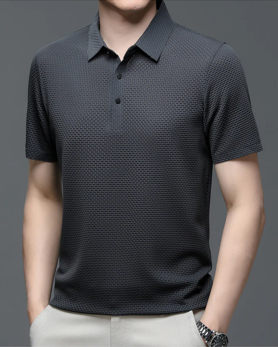 Men's Short Sleeve Polo Shirt with Textured Weave Pattern and Snap Button Placket