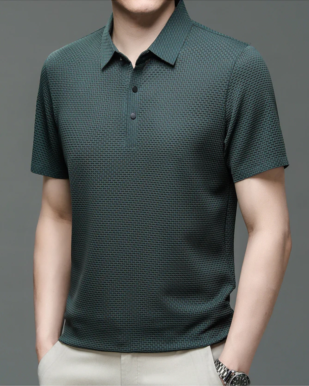 Men's Short Sleeve Polo Shirt with Textured Weave Pattern and Snap Button Placket