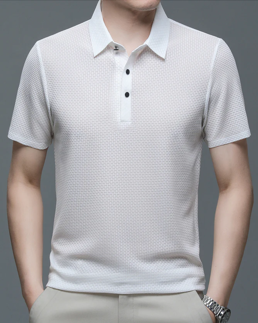 Men's Short Sleeve Polo Shirt with Textured Weave Pattern and Snap Button Placket