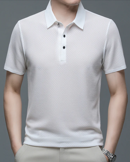 Men's Short Sleeve Polo Shirt with Textured Weave Pattern and Snap Button Placket