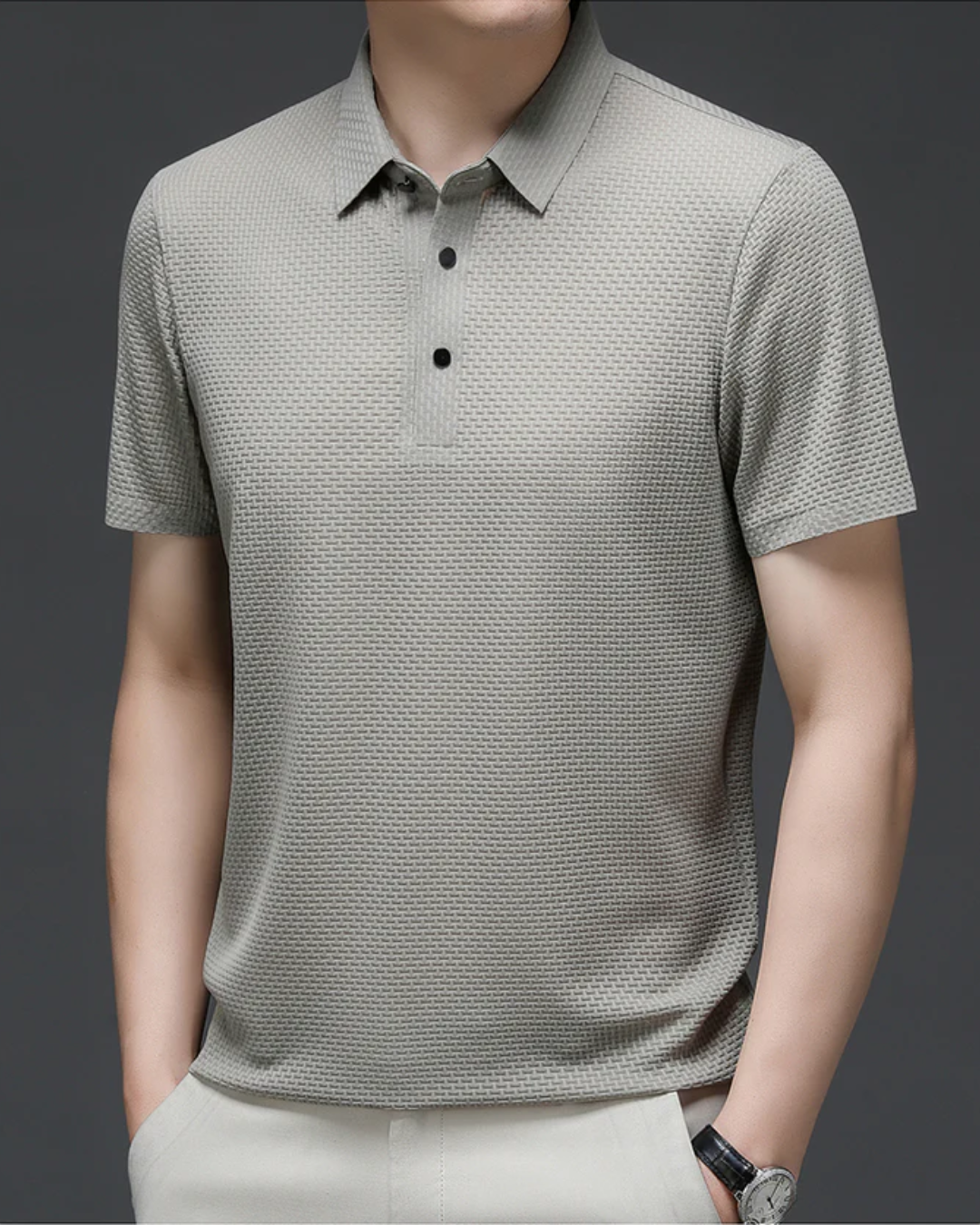 Men's Short Sleeve Polo Shirt with Textured Weave Pattern and Snap Button Placket