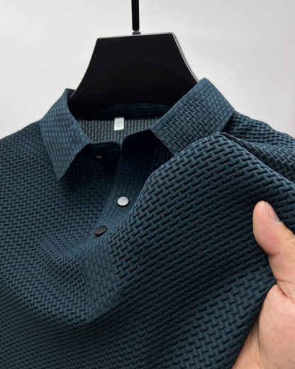 Men's Short Sleeve Polo Shirt with Textured Weave Pattern and Snap Button Placket