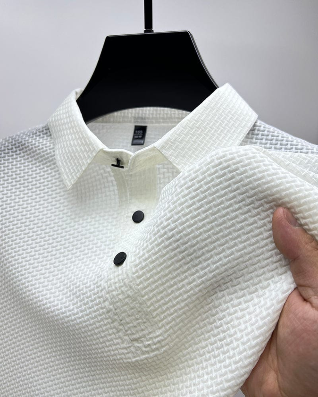Men's Short Sleeve Polo Shirt with Textured Weave Pattern and Snap Button Placket
