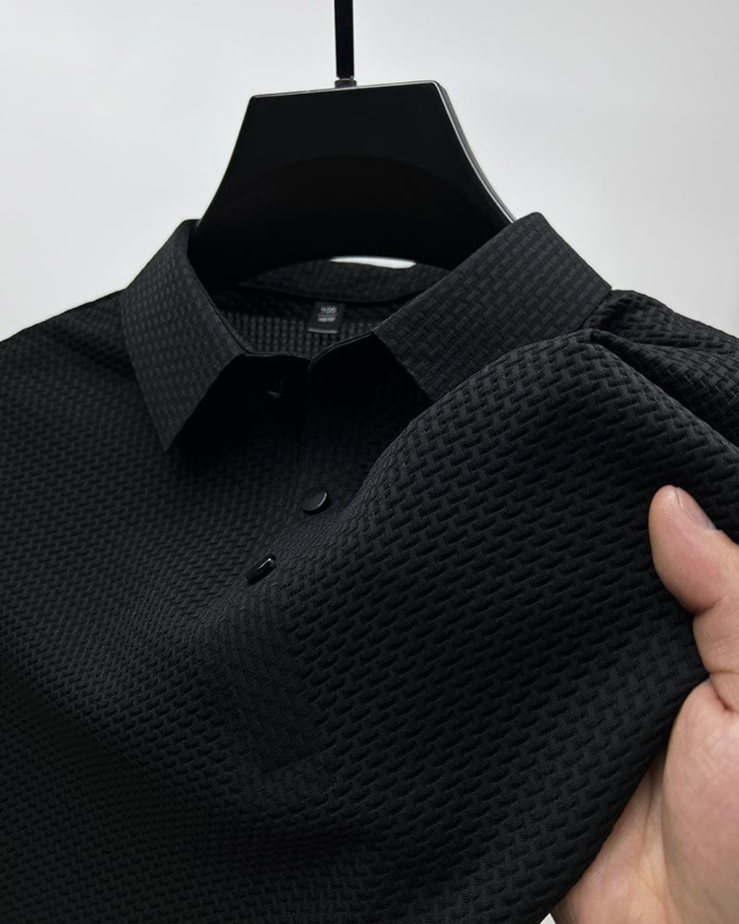 Men's Short Sleeve Polo Shirt with Textured Weave Pattern and Snap Button Placket