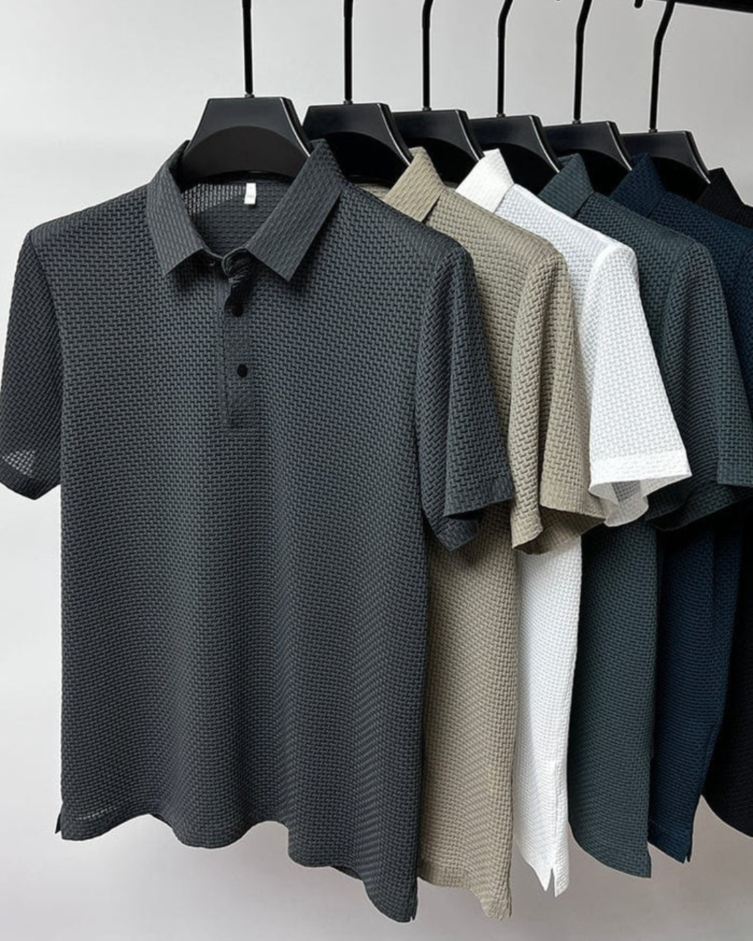 Men's Short Sleeve Polo Shirt with Textured Weave Pattern and Snap Button Placket