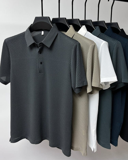 Men's Short Sleeve Polo Shirt with Textured Weave Pattern and Snap Button Placket