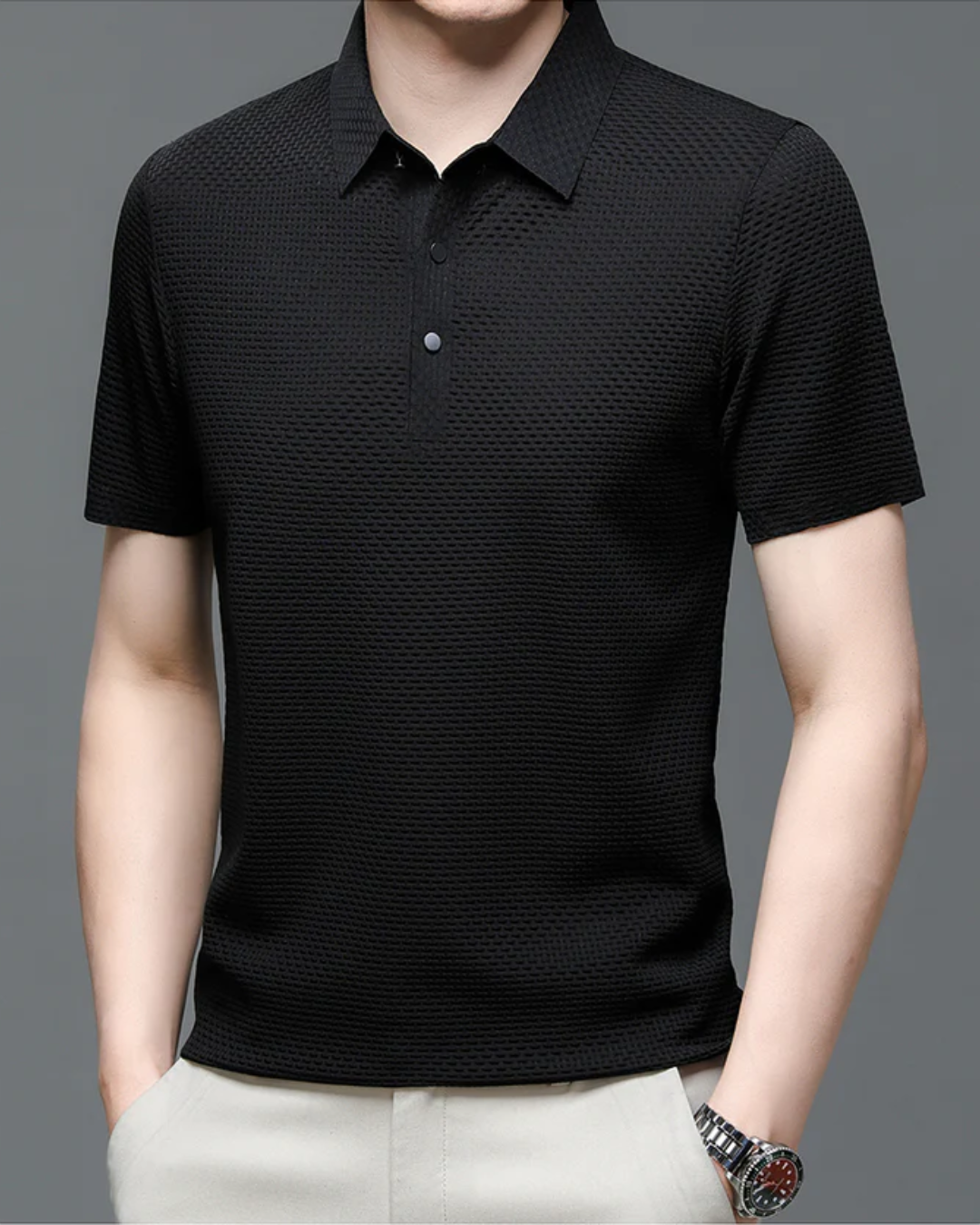 Men's Short Sleeve Polo Shirt with Textured Weave Pattern and Snap Button Placket