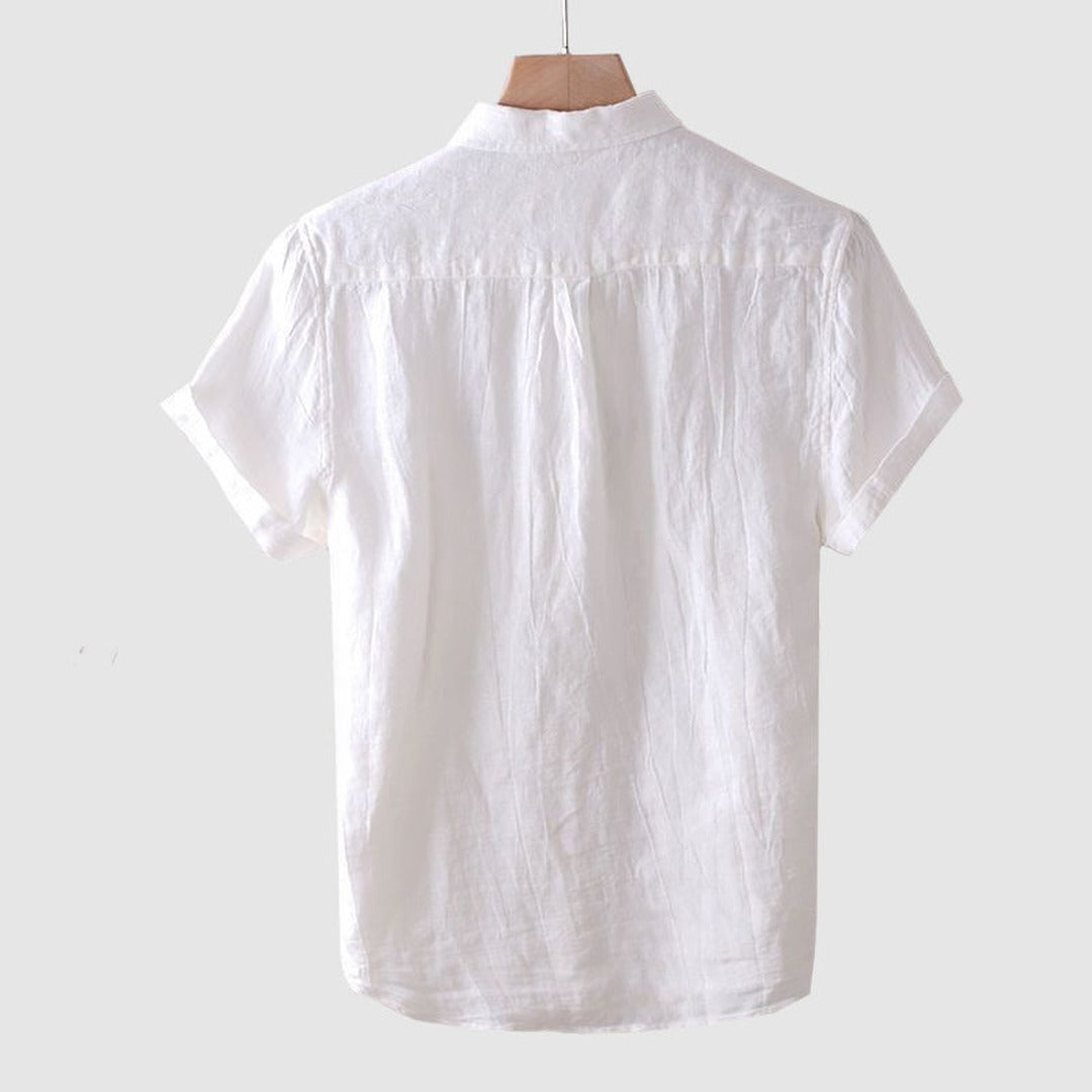 Men's Short Sleeve Shirt with Point Collar and Button Front Placket