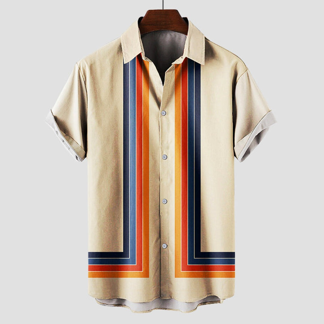 Men's Short Sleeve Shirt with Vertical Stripe Print and Button Front Closure