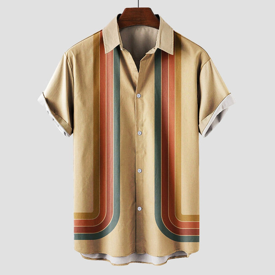 Men's Short Sleeve Shirt with Vertical Stripe Print and Button Front Closure