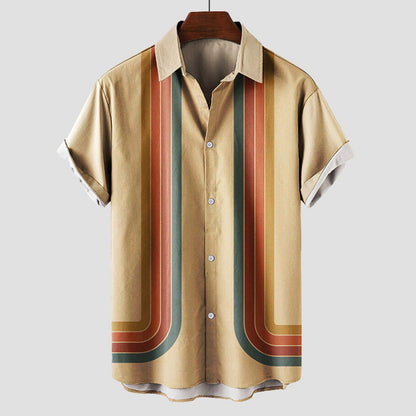 Men's Short Sleeve Shirt with Vertical Stripe Print and Button Front Closure