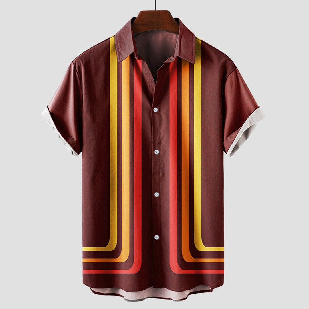 Men's Short Sleeve Shirt with Vertical Stripe Print and Button Front Closure