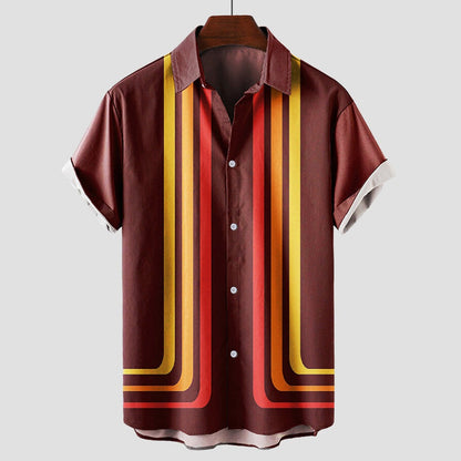 Men's Short Sleeve Shirt with Vertical Stripe Print and Button Front Closure