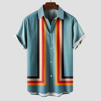 Men's Short Sleeve Shirt with Vertical Stripe Print and Button Front Closure