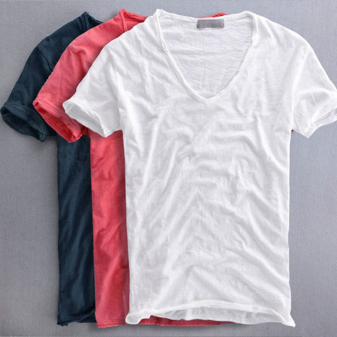 Men's Short Sleeve T-Shirt with Deep V-Neckline and Raw-Edge Hem