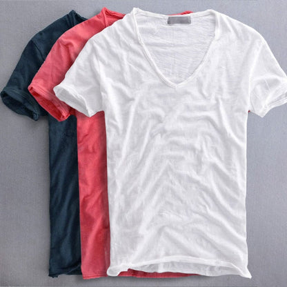 Men's Short Sleeve T-Shirt with Deep V-Neckline and Raw-Edge Hem