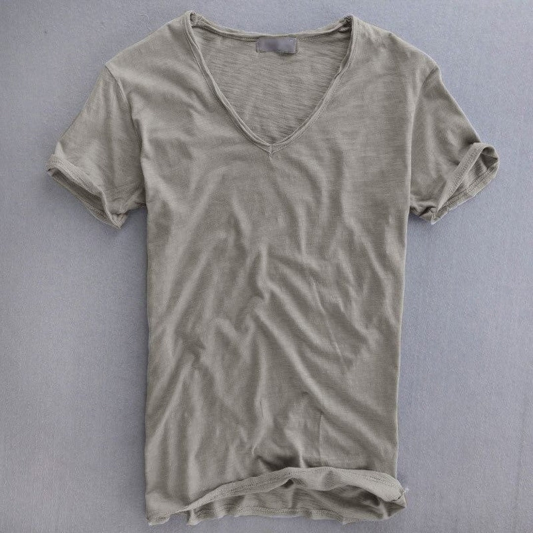 Men's Short Sleeve T-Shirt with Deep V-Neckline and Raw-Edge Hem