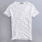 Men's Short Sleeve T-Shirt with Deep V-Neckline and Raw-Edge Hem