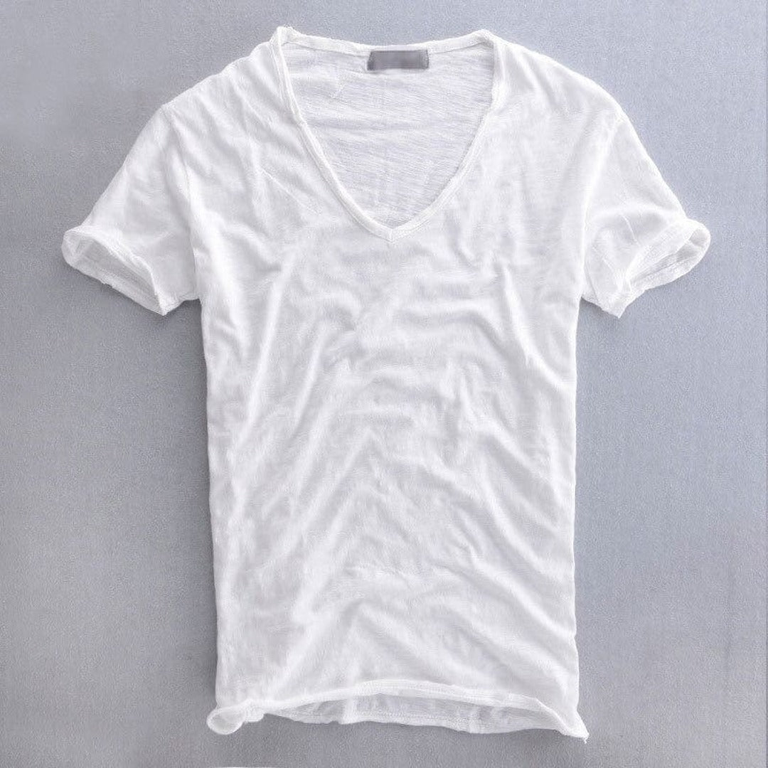Men's Short Sleeve T-Shirt with Deep V-Neckline and Raw-Edge Hem
