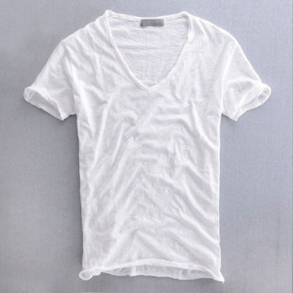 Men's Short Sleeve T-Shirt with Deep V-Neckline and Raw-Edge Hem