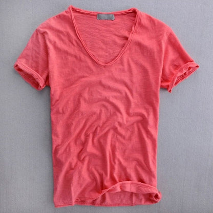 Men's Short Sleeve T-Shirt with Deep V-Neckline and Raw-Edge Hem