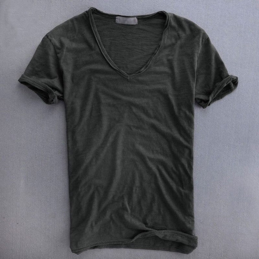 Men's Short Sleeve T-Shirt with Deep V-Neckline and Raw-Edge Hem
