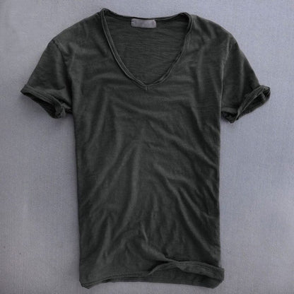 Men's Short Sleeve T-Shirt with Deep V-Neckline and Raw-Edge Hem